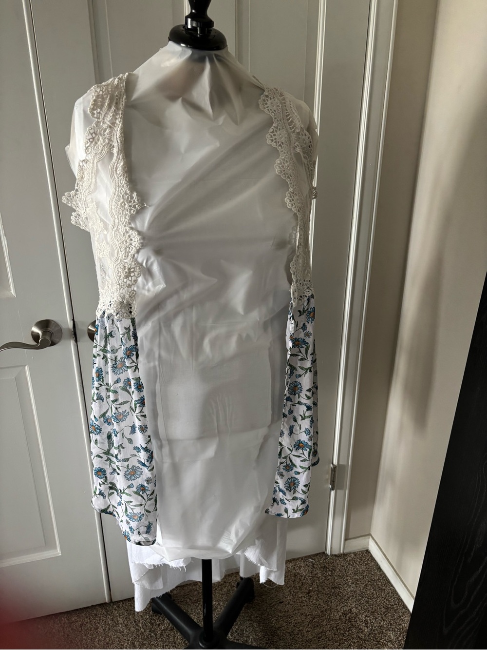 Self Esteem White Vest with Blue Floral Panels and Lace Trim